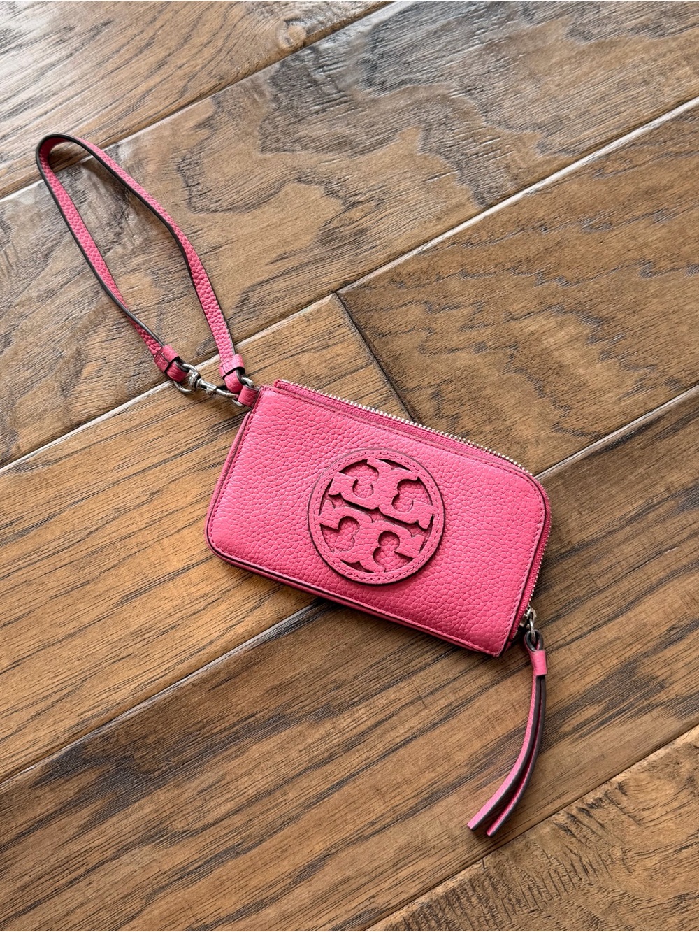 Tory Burch Pink Pebbled Leather Wristlet with Logo